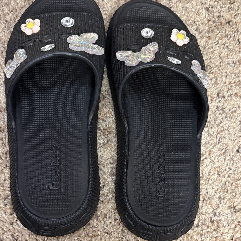 Bebe Black Slides with Butterfly and Floral Details